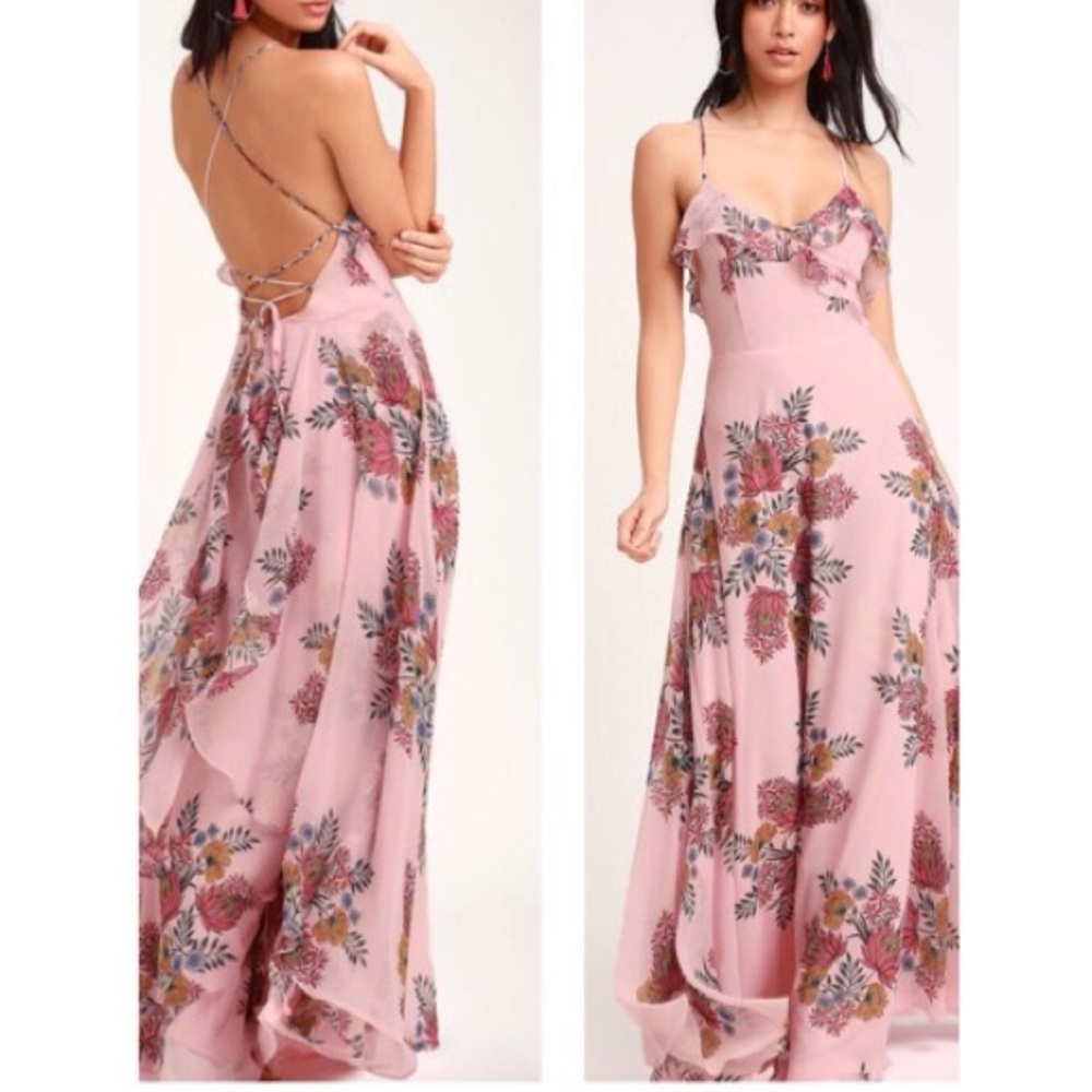 Roma Blush Floral Print Lace-Up Maxi Dress